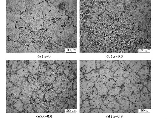 圖１鑄態MgＧ５ZnＧ１MnＧxSn合金的顯微組織