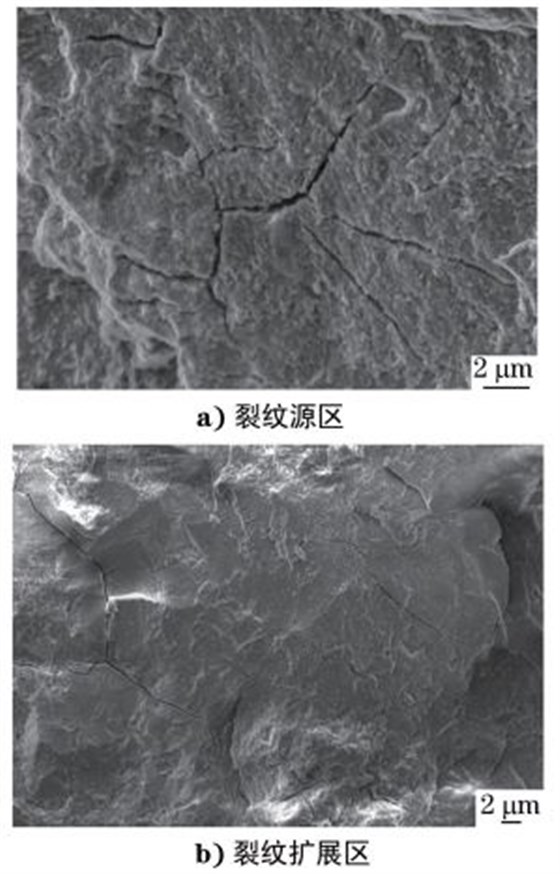 圖３ 裂紋源區及擴展區的沿晶二次裂紋形貌