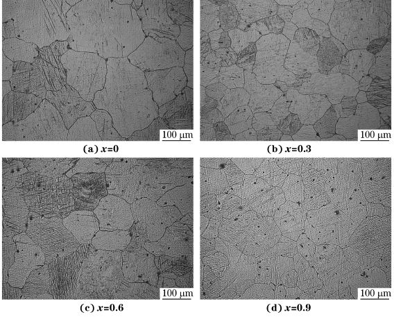 圖4 均勻化處理態MgG5ZnG1MnGxSn合金的顯微組織 圖4 均勻化處理態MgG5ZnG1MnGxSn合金的顯微組織